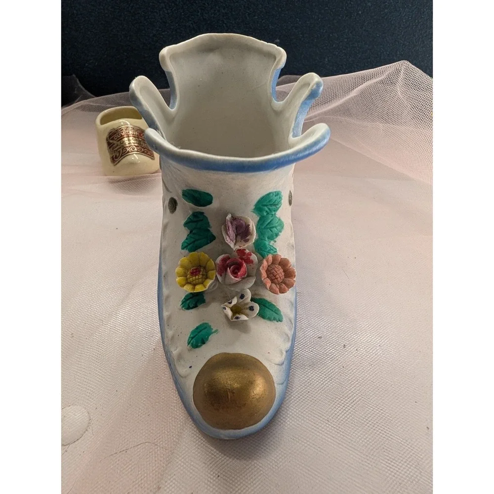 Shoe Figurine & Planter Set East Liverpool Ohio Souvenir Clog Kass USA Floral